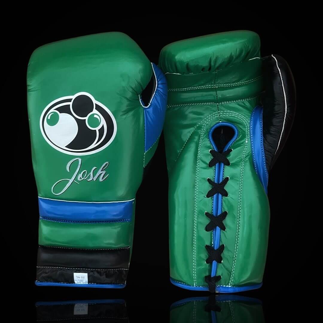 Grant Boxing Gloves in Green/Black/Blue colorway - Professional Lace-Up training gloves
