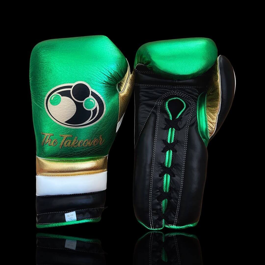 Grant Boxing Gloves in Green/Black/Gold/White colorway - Professional Lace-Up training gloves