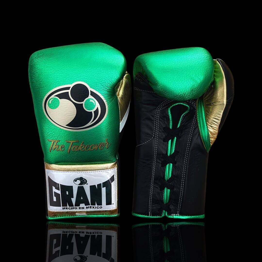 Grant Boxing Gloves in Green/Black/Gold colorway - Professional Lace-Up training gloves