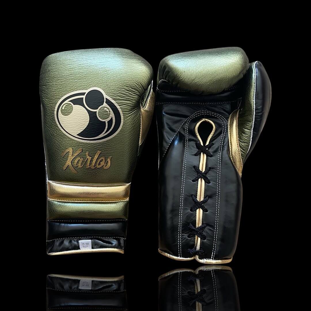 Grant Boxing Gloves in Green/Gold/Black colorway - Professional Lace-Up training gloves