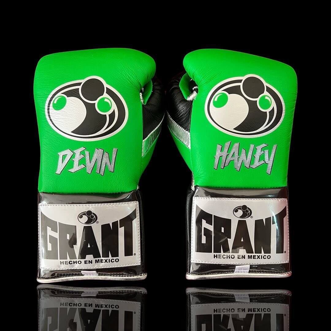 Grant Boxing Gloves in Green/Black/Silver colorway - Professional Lace-Up training gloves