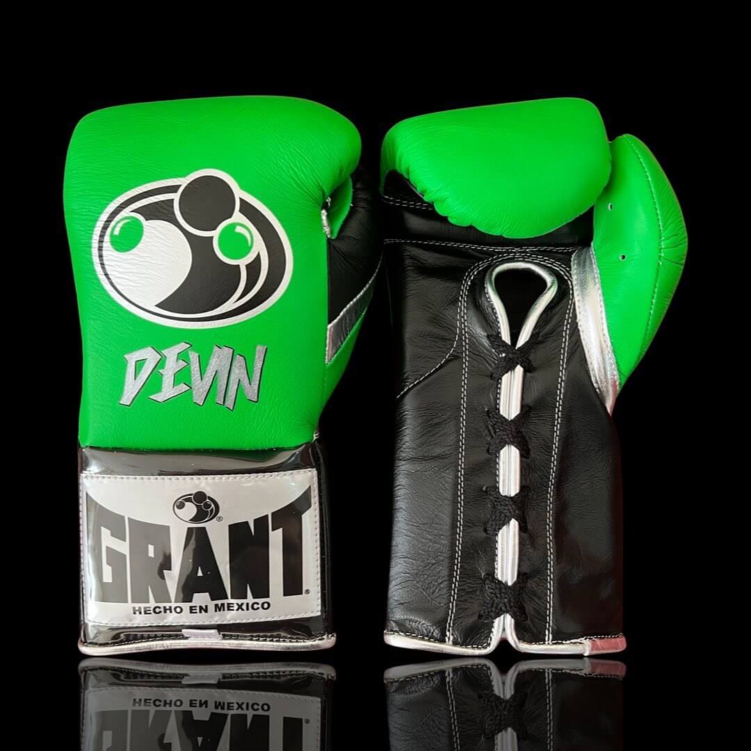 Grant Boxing Gloves in Green/Black/Silver colorway - Professional Lace-Up training gloves