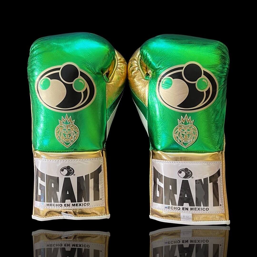 Grant Boxing Gloves in Green/Gold colorway - Professional Lace-Up training gloves