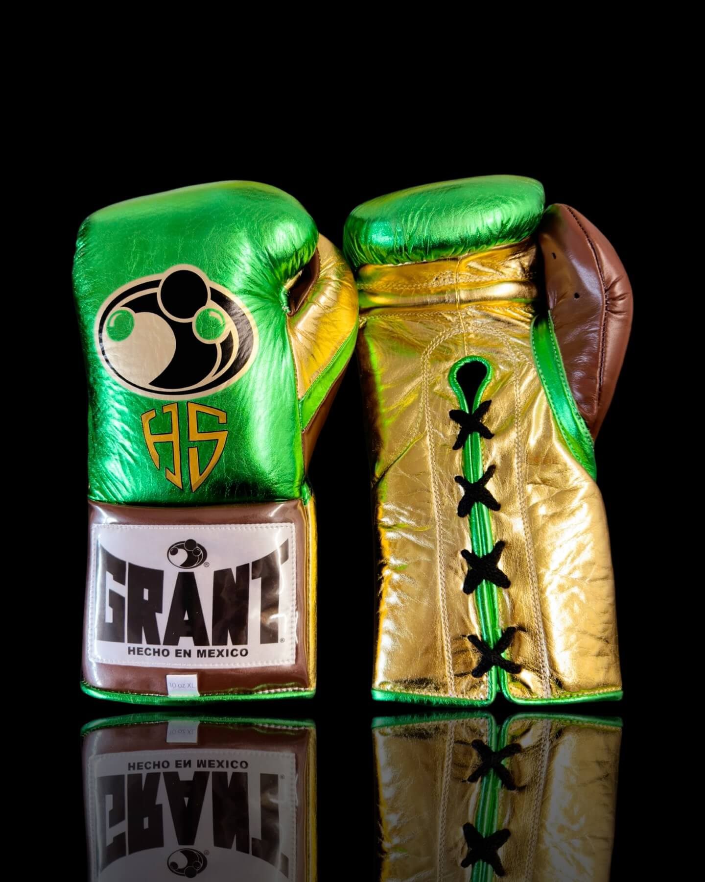Grant Boxing Gloves in Green/Gold/Brown colorway - Professional Lace-Up training gloves
