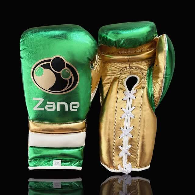 Grant Boxing Gloves in Green/Gold/White colorway - Professional Lace-Up training gloves