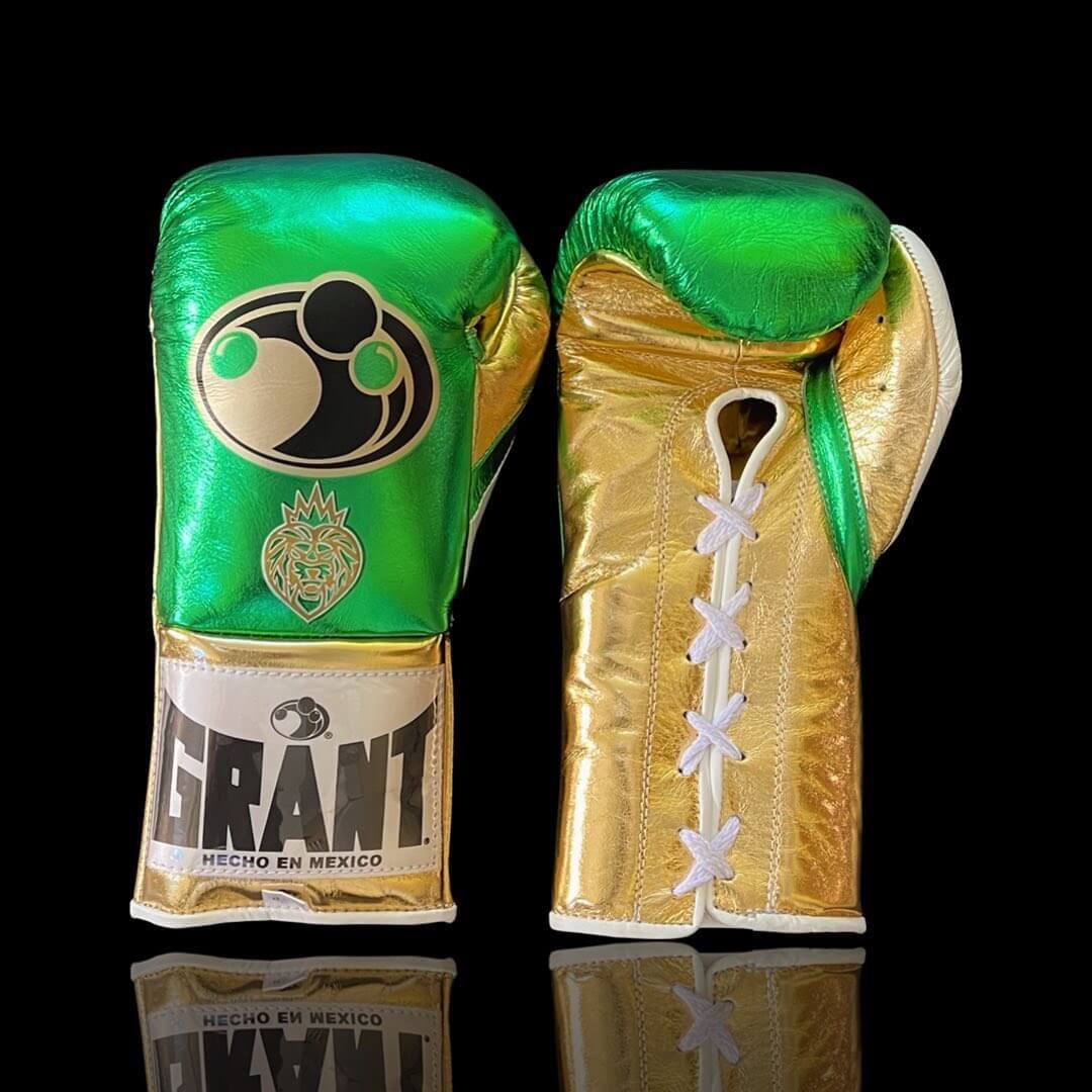 Grant Boxing Gloves in Green/Gold colorway - Professional Lace-Up training gloves