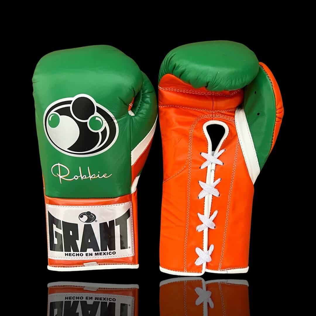 Grant Boxing Gloves in Green/Orange/White colorway - Professional Lace-Up training gloves