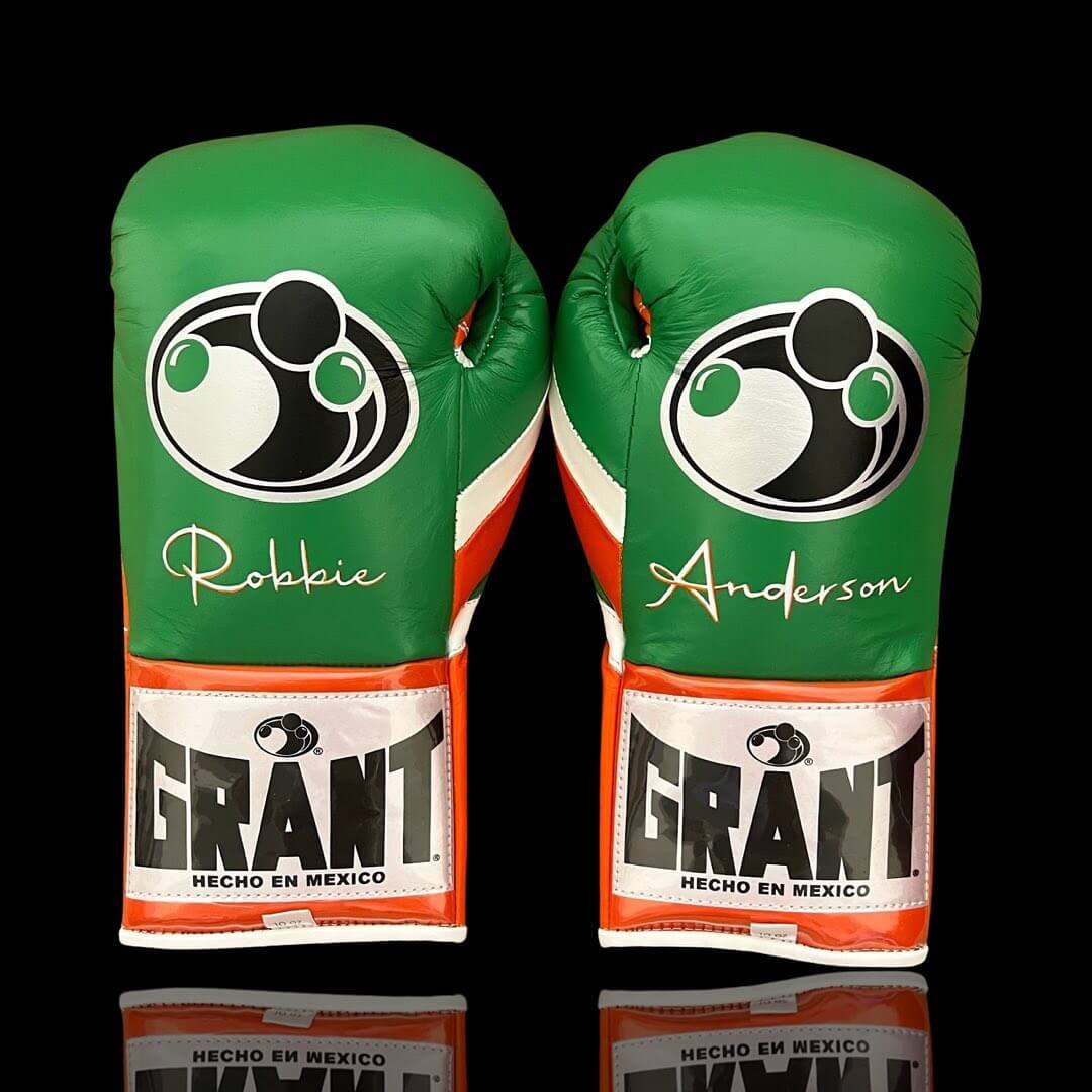 Grant Boxing Gloves in Green/Orange/White colorway - Professional Lace-Up training gloves
