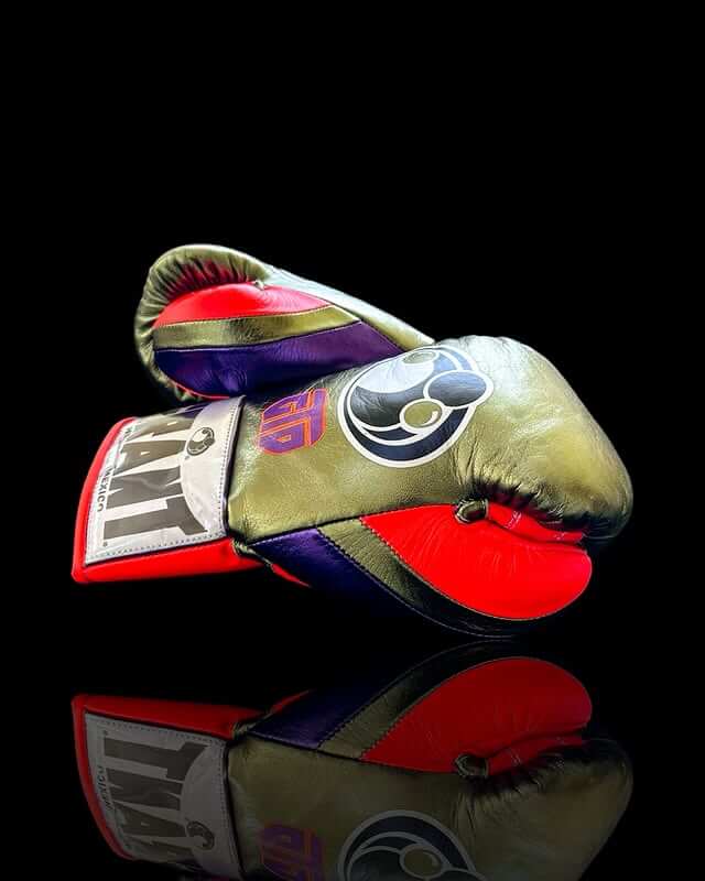 Grant Boxing Gloves in Green/Red/Purple colorway - Professional Lace-Up training gloves