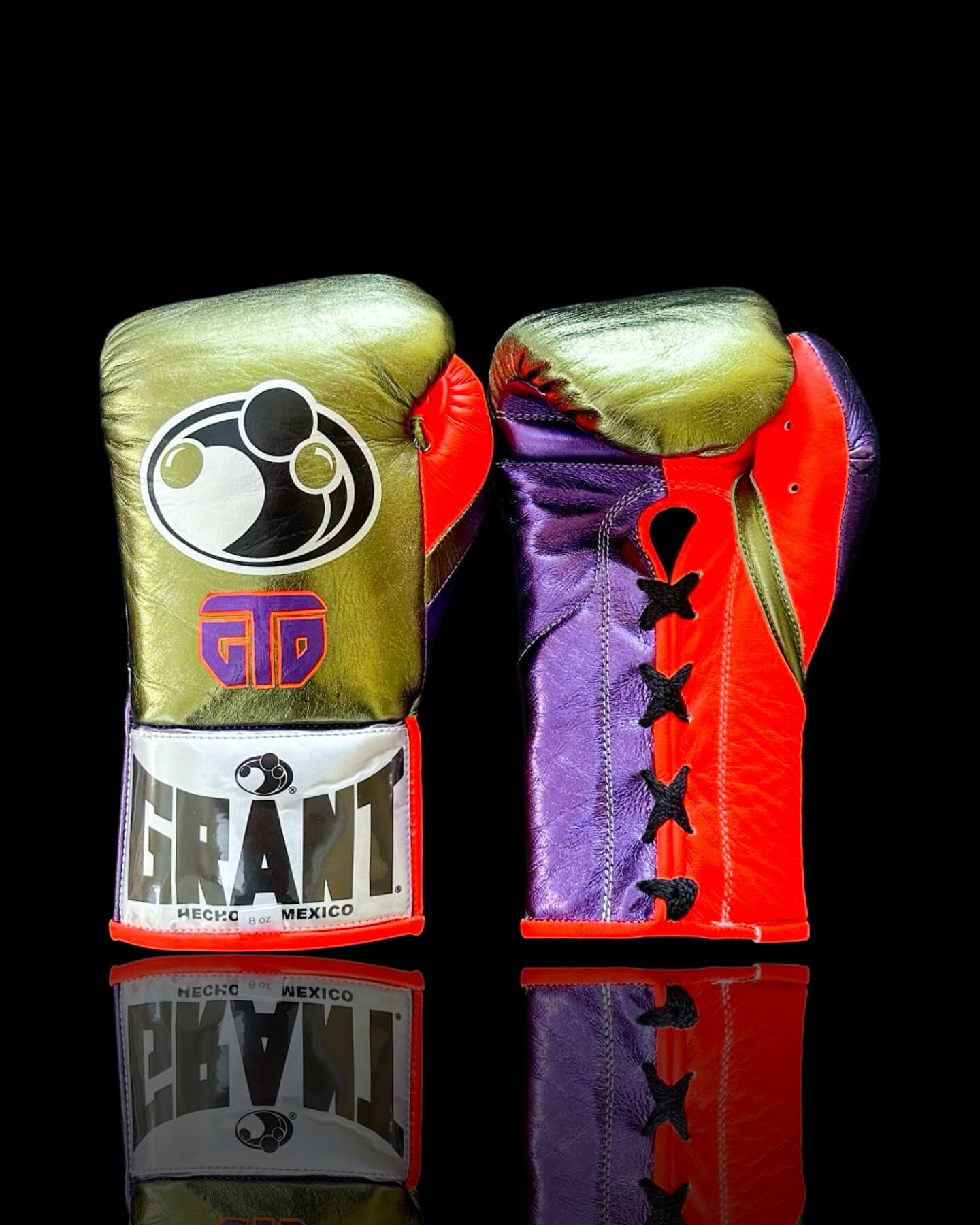 Grant Boxing Gloves in Green/Red/Purple colorway - Professional Lace-Up training gloves