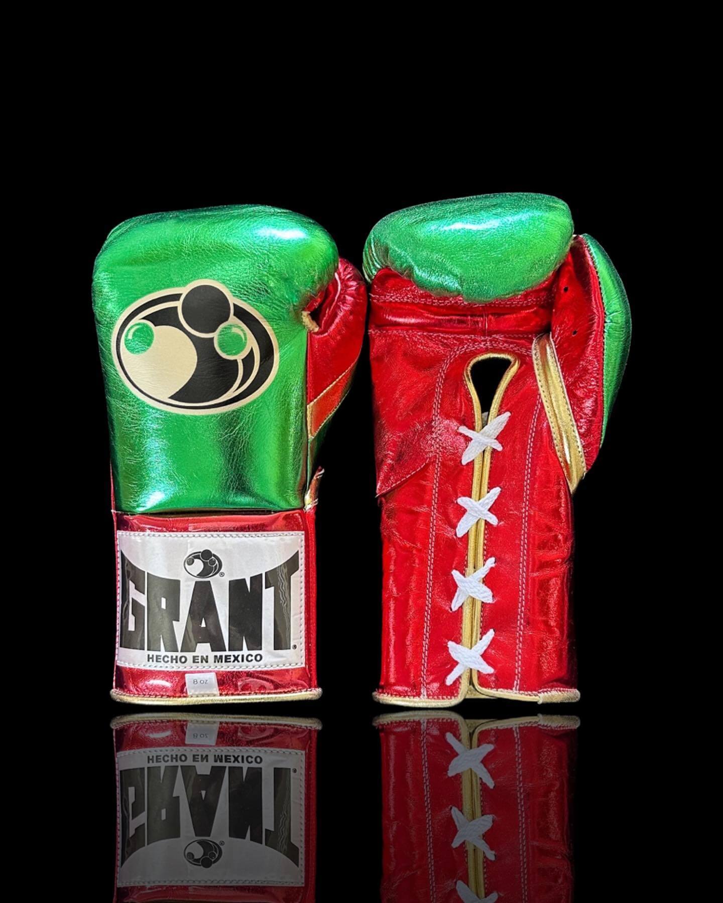 Grant Boxing Gloves in Green/Red/Gold colorway - Professional Lace-Up training gloves