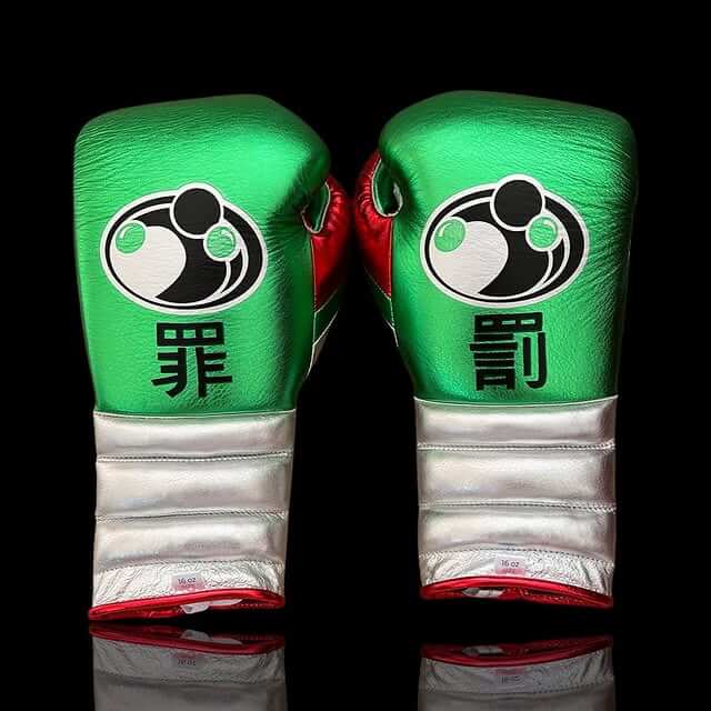Grant Boxing Gloves in Green/Red/Silver colorway - Professional Lace-Up training gloves