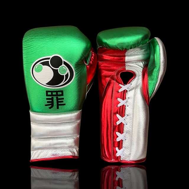 Grant Boxing Gloves in Green/Red/Silver colorway - Professional Lace-Up training gloves