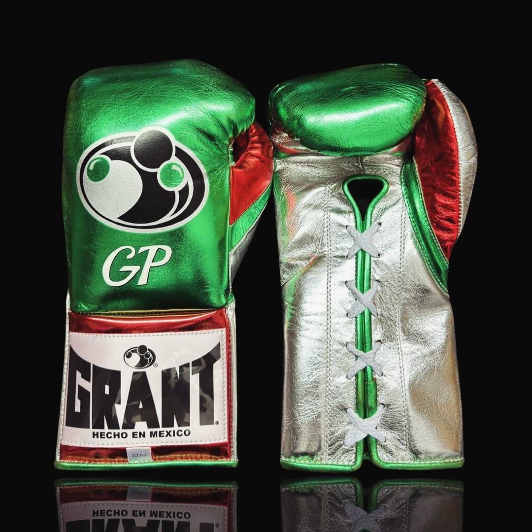 Grant Boxing Gloves in Green/Silver/Red colorway - Professional Lace-Up training gloves