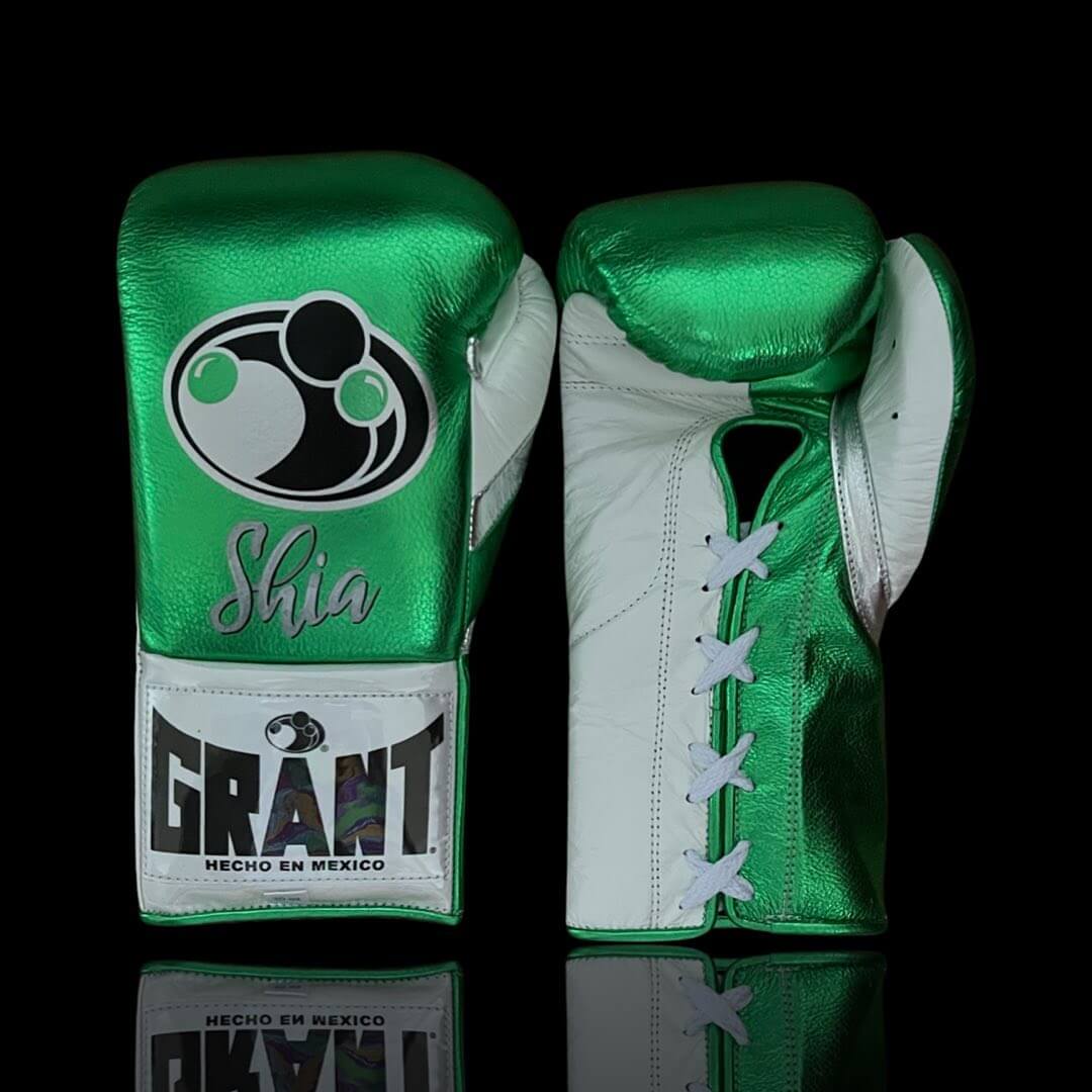 Grant Boxing Gloves in Green/White colorway - Professional Lace-Up training gloves