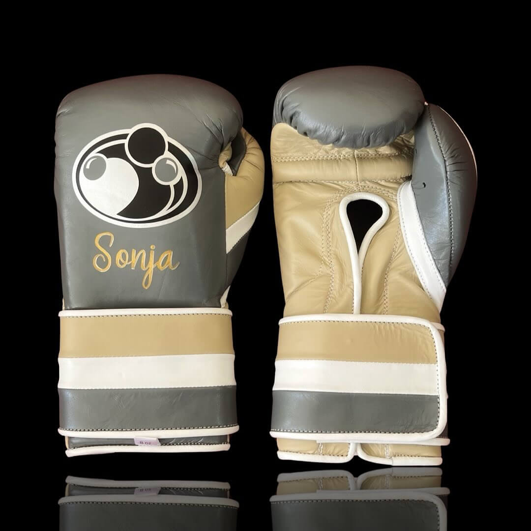 Grant Boxing Gloves in Grey/Beige/White colorway - Professional Velcro training gloves
