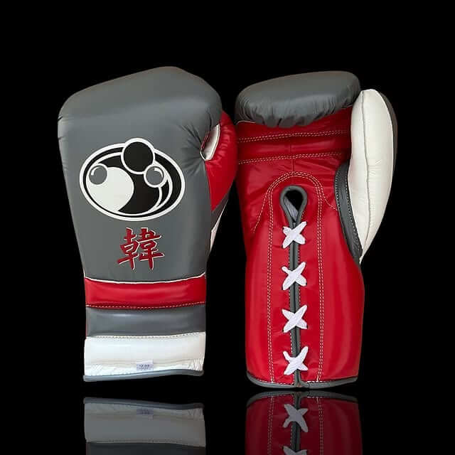 Grant Boxing Gloves in Grey/Red/White colorway - Professional Lace-Up training gloves