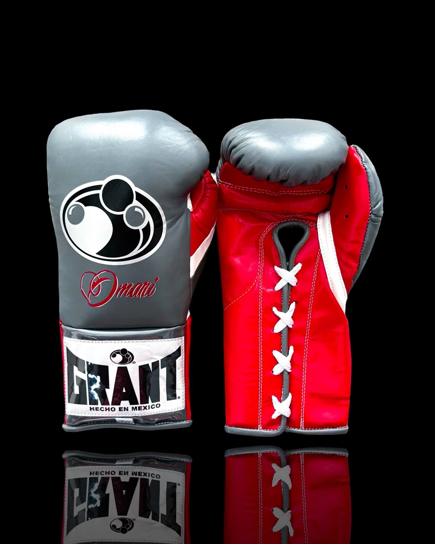 Grant Boxing Gloves in Grey/Red/White colorway - Professional Lace-Up training gloves