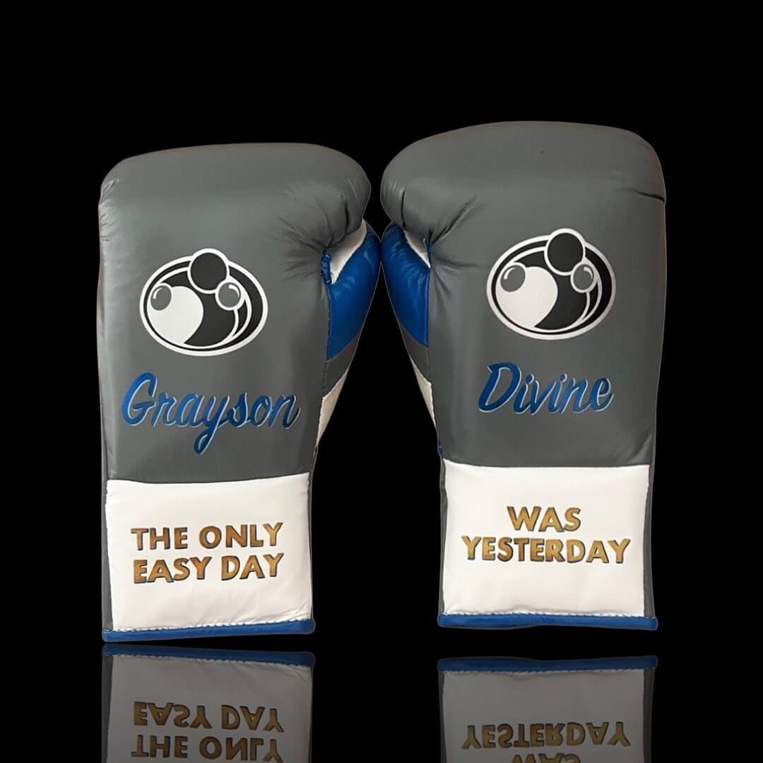 Grant Boxing Gloves in Grey/Blue/White colorway - Professional Lace-Up training gloves