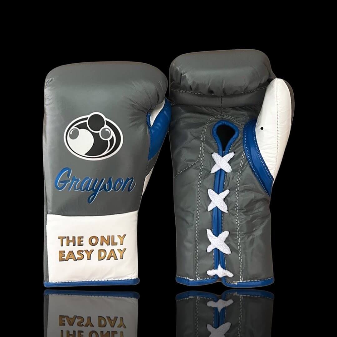 Grant Boxing Gloves in Grey/Blue/White colorway - Professional Lace-Up training gloves