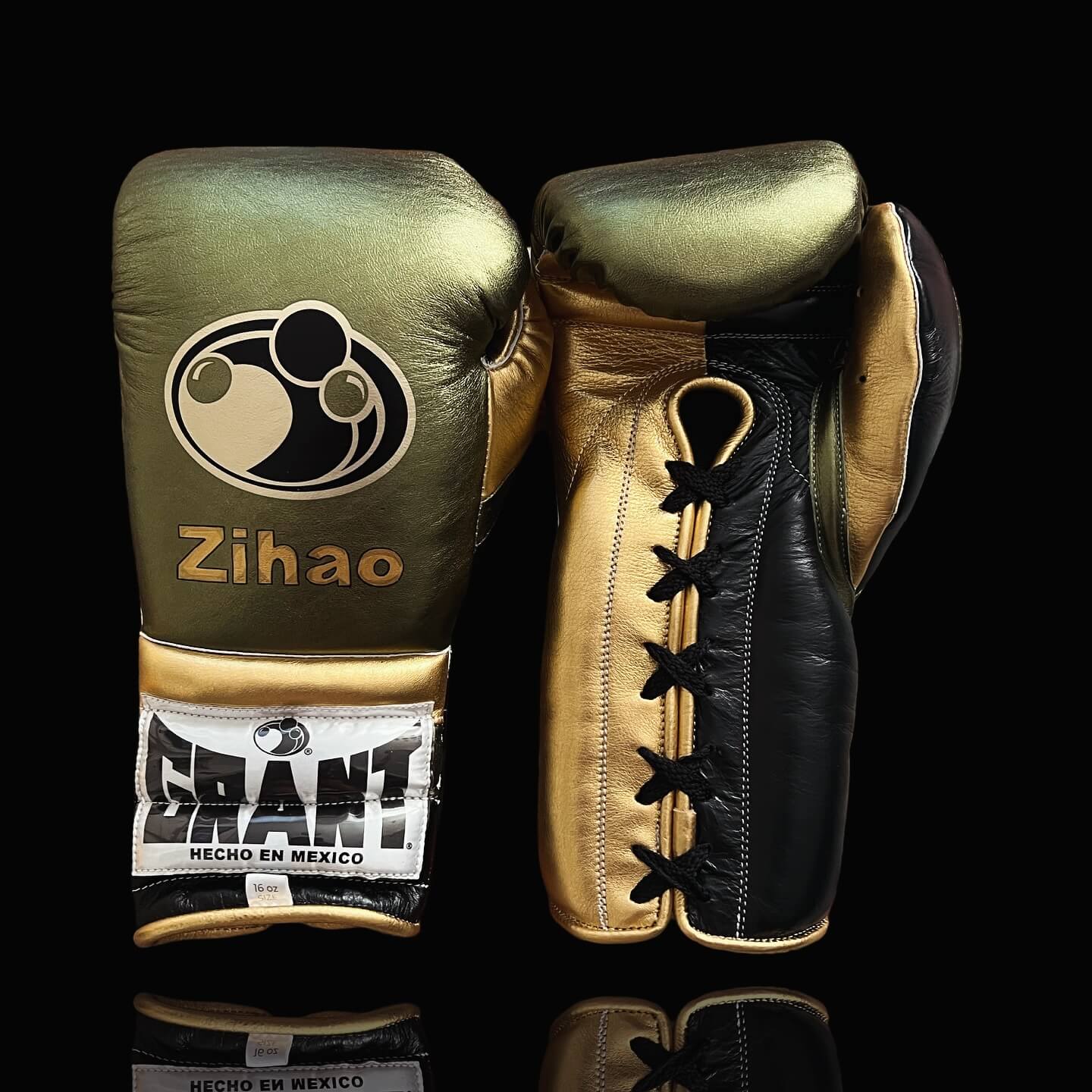 Grant Boxing Gloves in Green/Black/Gold colorway - Professional Lace-Up training gloves