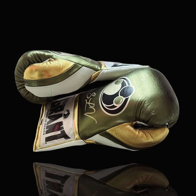 Grant Boxing Gloves in Green/White/Gold colorway - Professional Lace-Up training gloves
