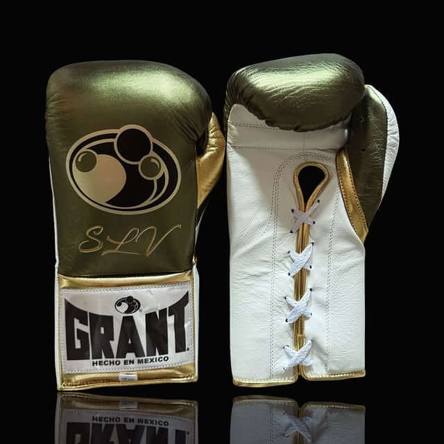 Grant Boxing Gloves in Green/White/Gold colorway - Professional Lace-Up training gloves