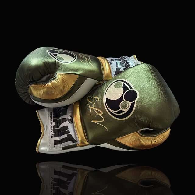 Grant Boxing Gloves in Green/White/Gold colorway - Professional Lace-Up training gloves