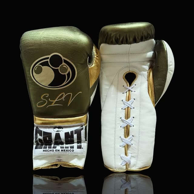 Grant Boxing Gloves in Green/White/Gold colorway - Professional Lace-Up training gloves