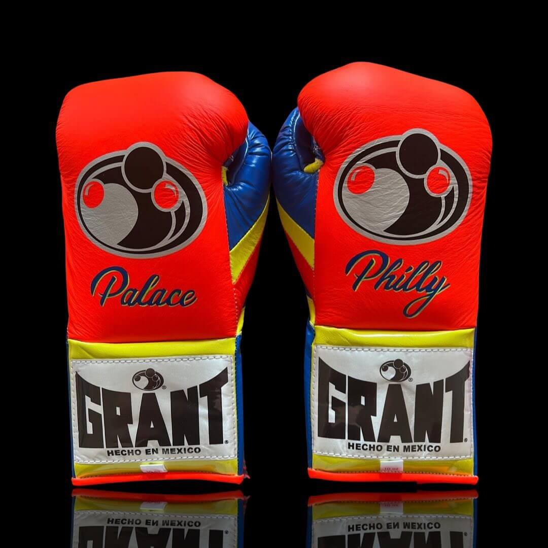 Grant Boxing Gloves in Orange/Blue/Yellow colorway - Professional Lace-Up training gloves