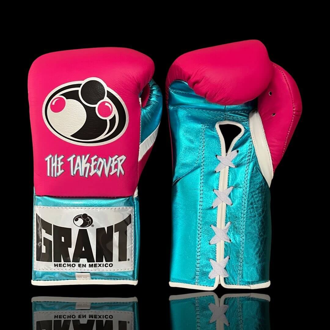 Grant Boxing Gloves in Blue/Pink/White colorway - Professional Lace-Up training gloves