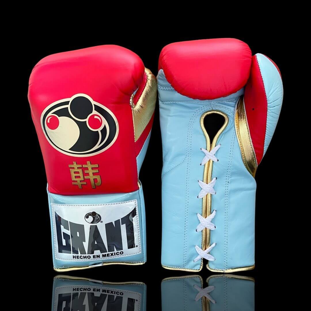 Grant Boxing Gloves in Pink/Sky-Blue/Gold colorway - Professional Lace-Up training gloves