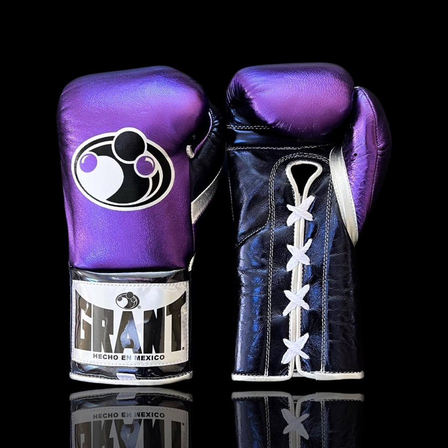 Grant Boxing Gloves in Purple/Black/Silver colorway - Professional Lace-Up training gloves