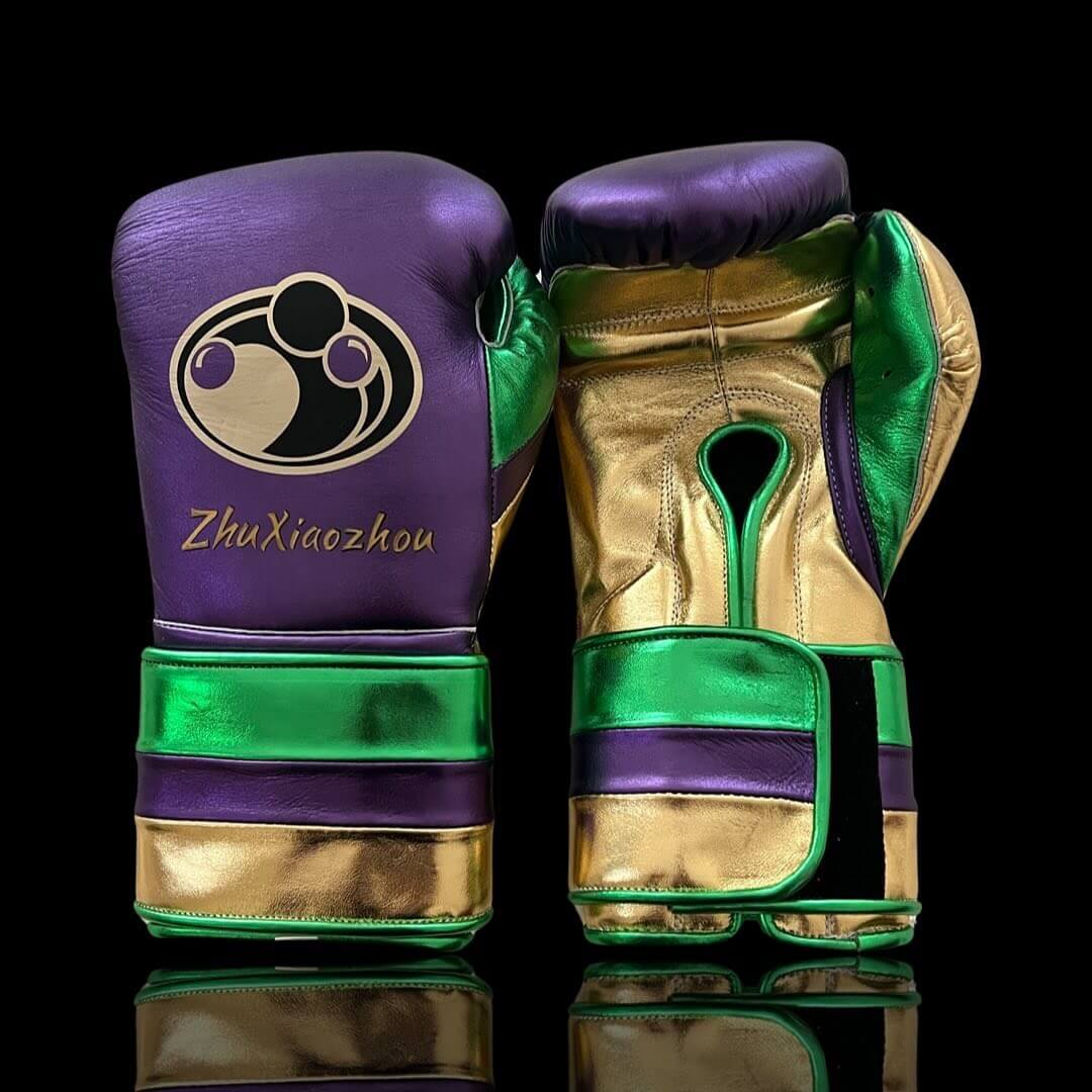 Grant Boxing Gloves in Purple/Green/Gold colorway - Professional Velcro training gloves