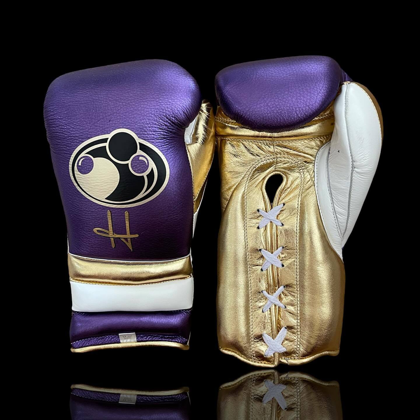 Grant Boxing Gloves in Purple/Gold/White colorway - Professional Lace-Up training gloves