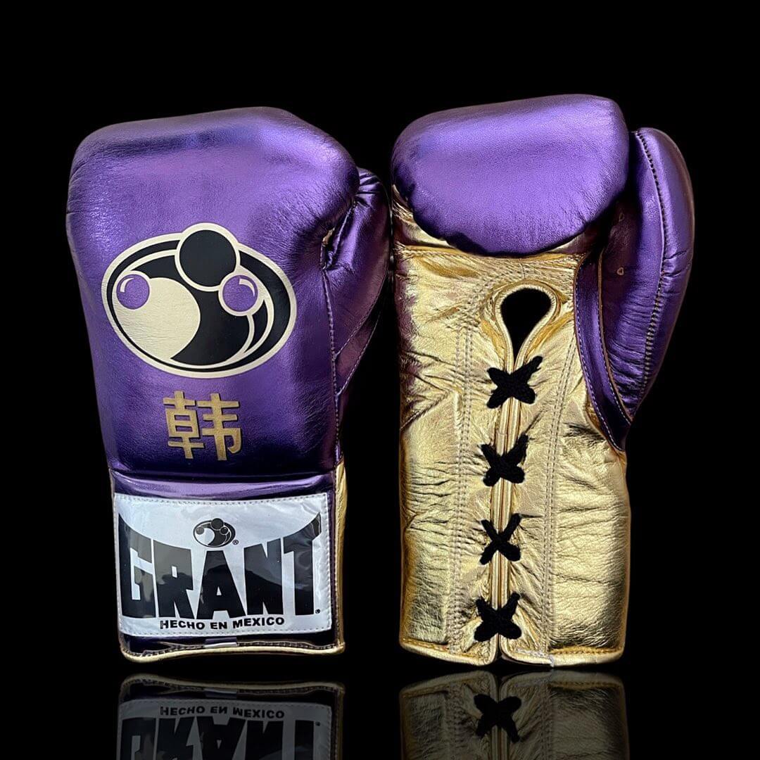 Grant Boxing Gloves in Purple/Gold colorway - Professional Lace-Up training gloves