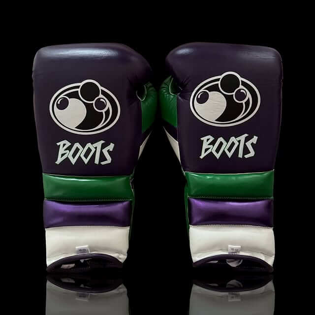 Grant Boxing Gloves in Purple/Green/White colorway - Professional Lace-Up training gloves