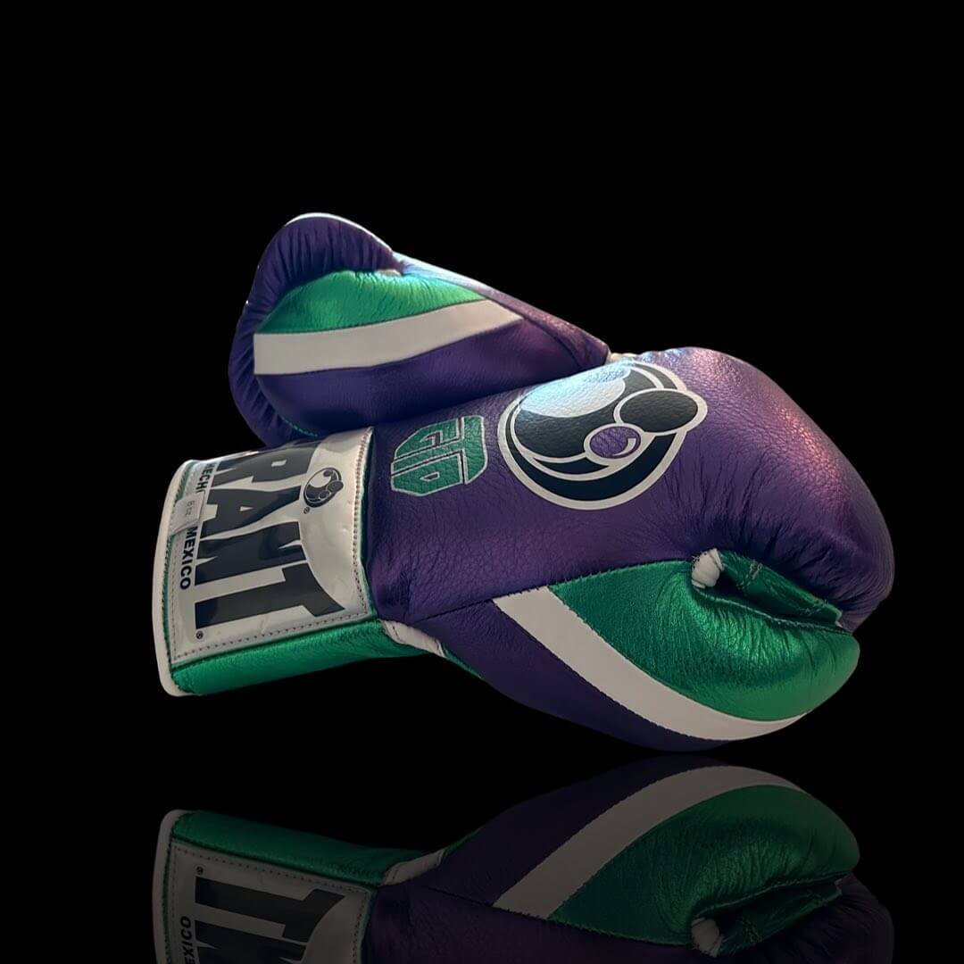 Grant Boxing Gloves in Purple/Green colorway - Professional Lace-Up training gloves