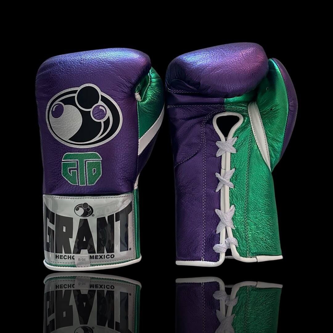 Grant Boxing Gloves in Purple/Green colorway - Professional Lace-Up training gloves