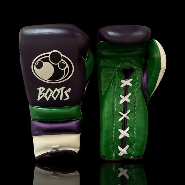 Grant Boxing Gloves in Purple/Green/White colorway - Professional Lace-Up training gloves