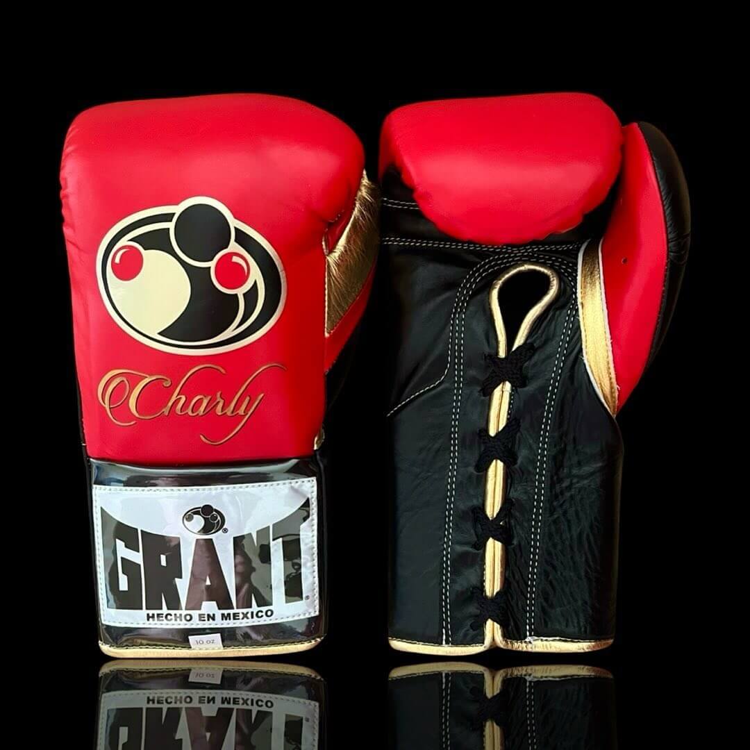 Grant Boxing Gloves in Red/Black/Gold colorway - Professional Lace-Up training gloves
