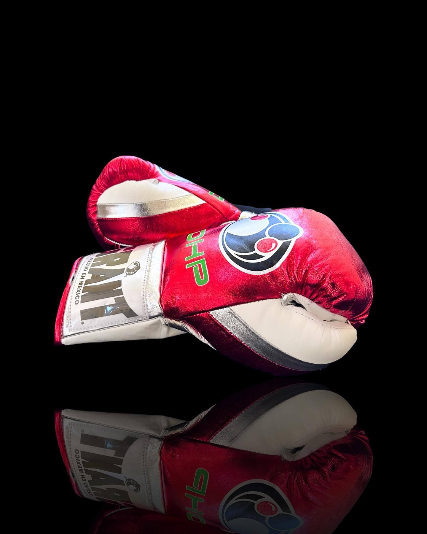 Grant Boxing Gloves in Red/White/Silver colorway - Professional Lace-Up training gloves