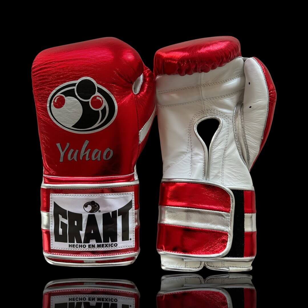 Grant Boxing Gloves in Red/White/Silver colorway - Professional Velcro training gloves