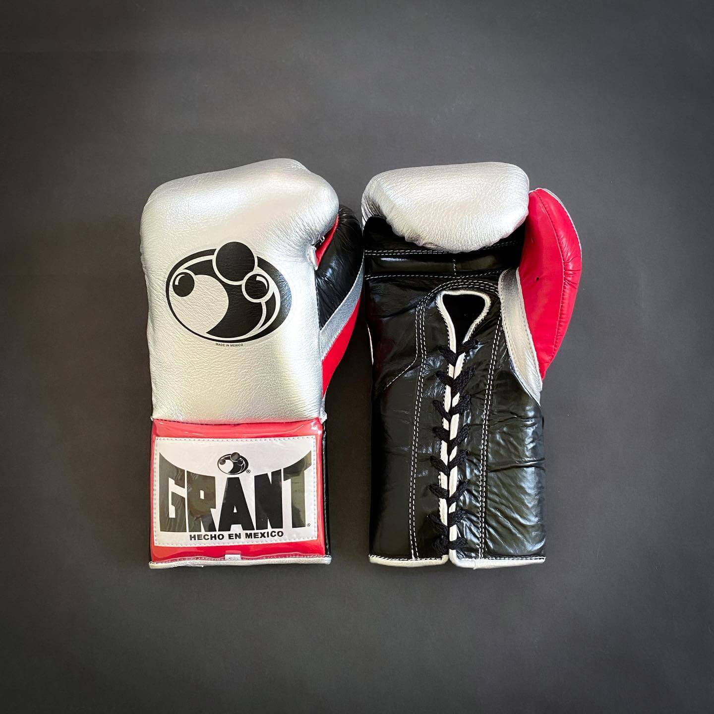 Grant Boxing Gloves in Silver/Black/Red colorway - Professional Lace-Up training gloves