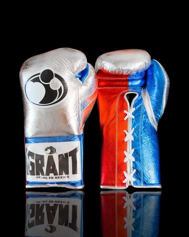 Grant Boxing Gloves in Silver/Red/Blue colorway - Professional Lace-Up training gloves