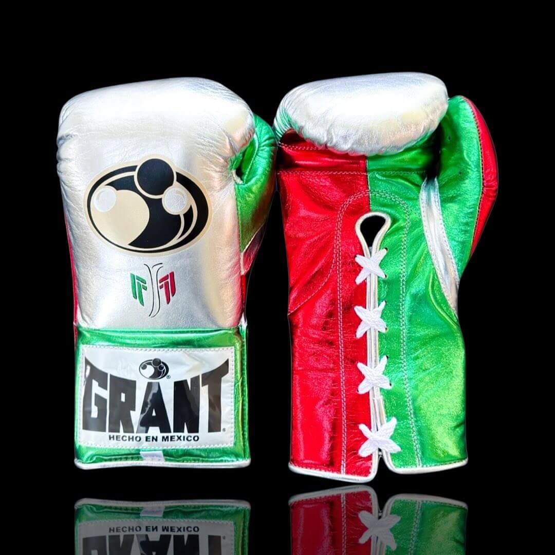 Grant Boxing Gloves in Silver/Red/Green colorway - Professional Lace-Up training gloves