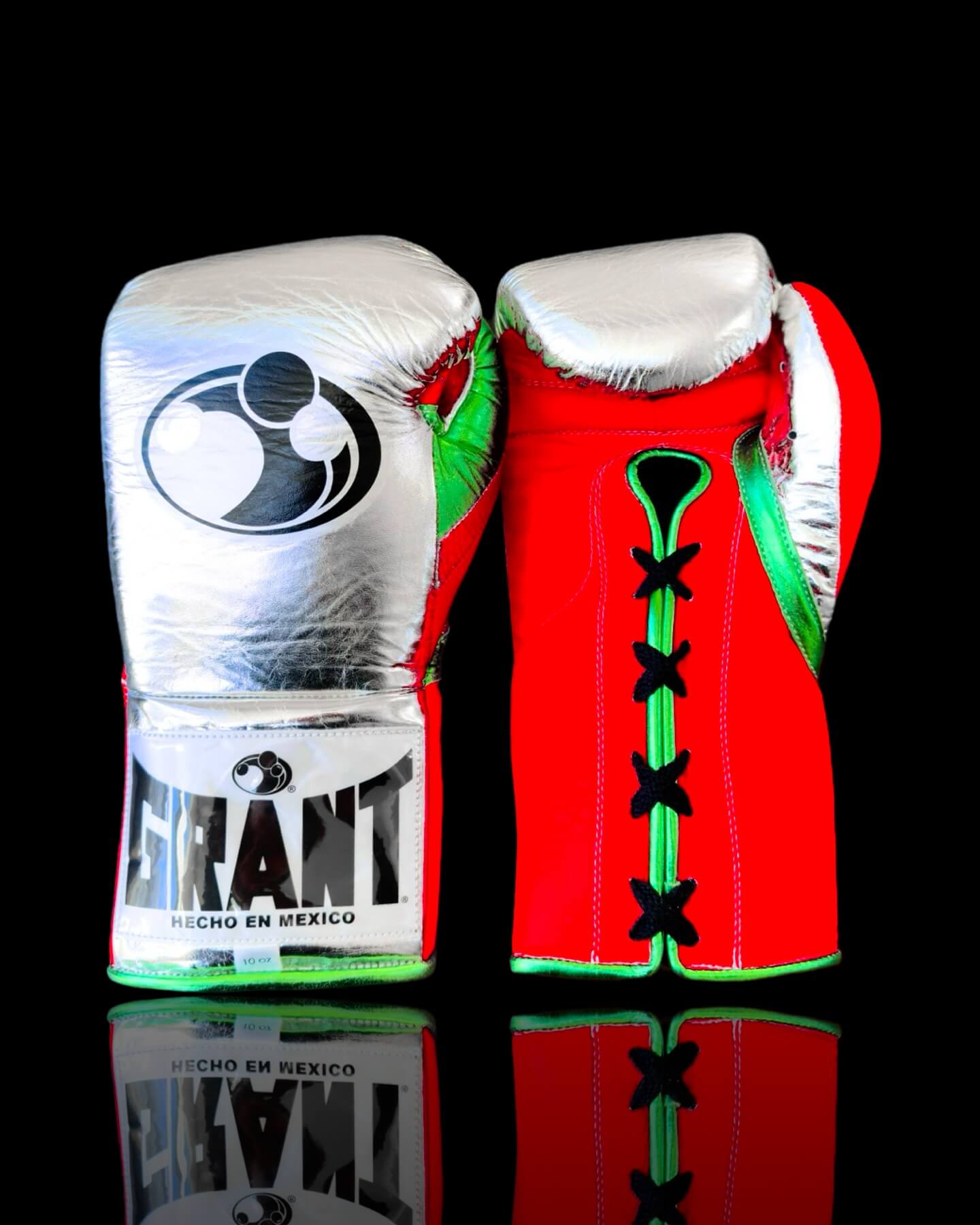 Grant Boxing Gloves in Silver/Red/Green colorway - Professional Lace-Up training gloves