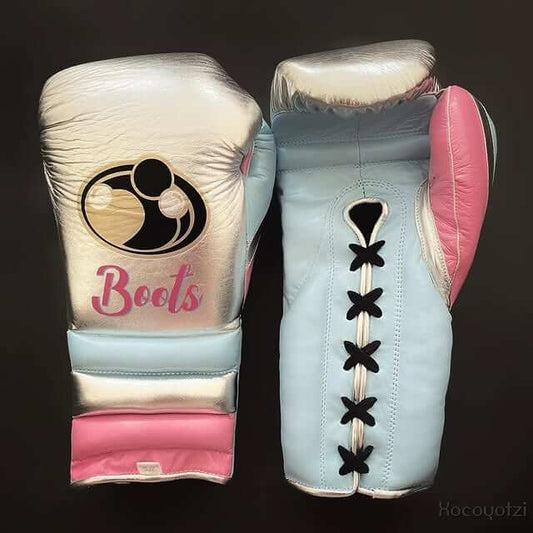 Grant Boxing Gloves in Silver/Blue/Pink colorway - Professional Lace-Up training gloves