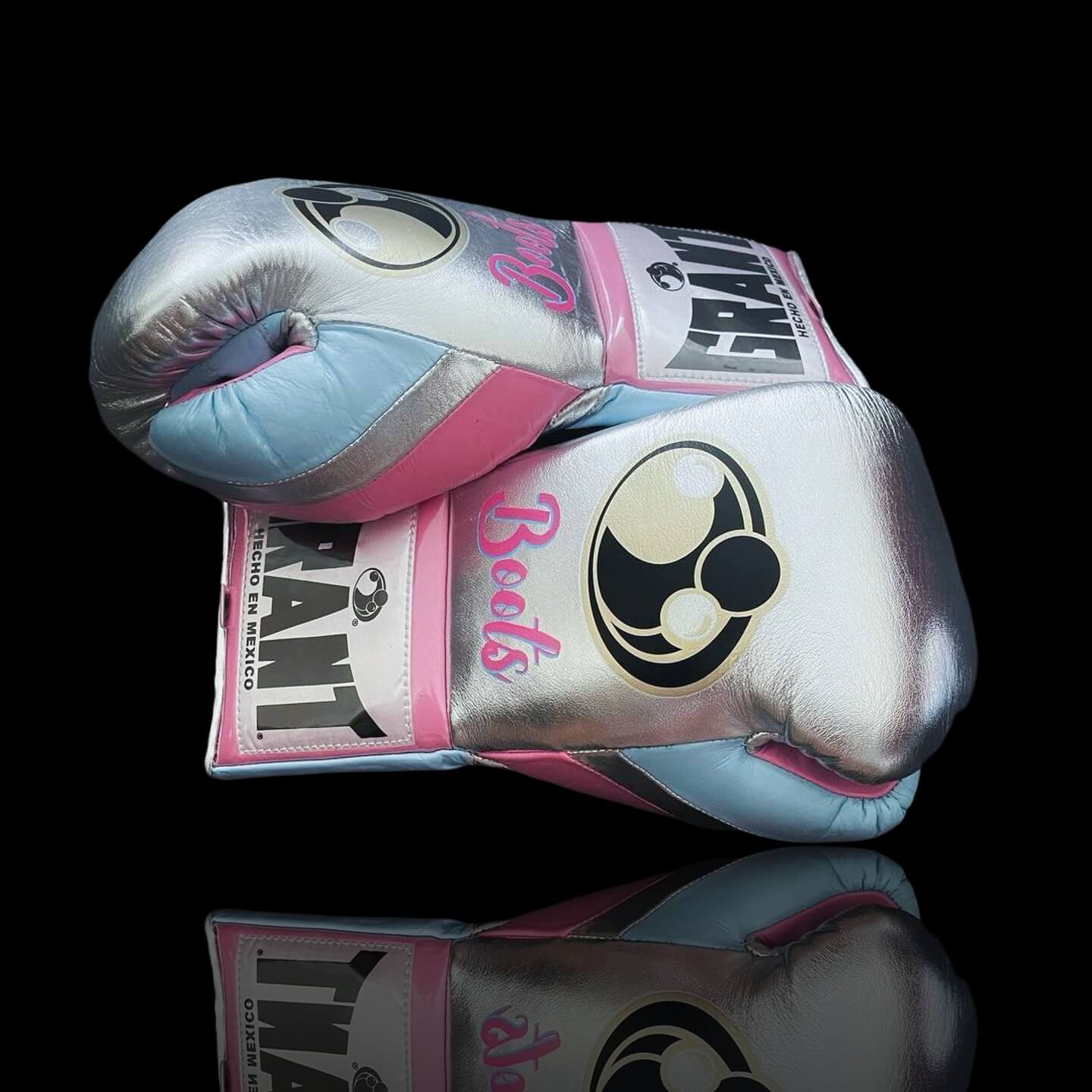 Grant Boxing Gloves in Silver/Blue/Pink colorway - Professional Lace-Up training gloves