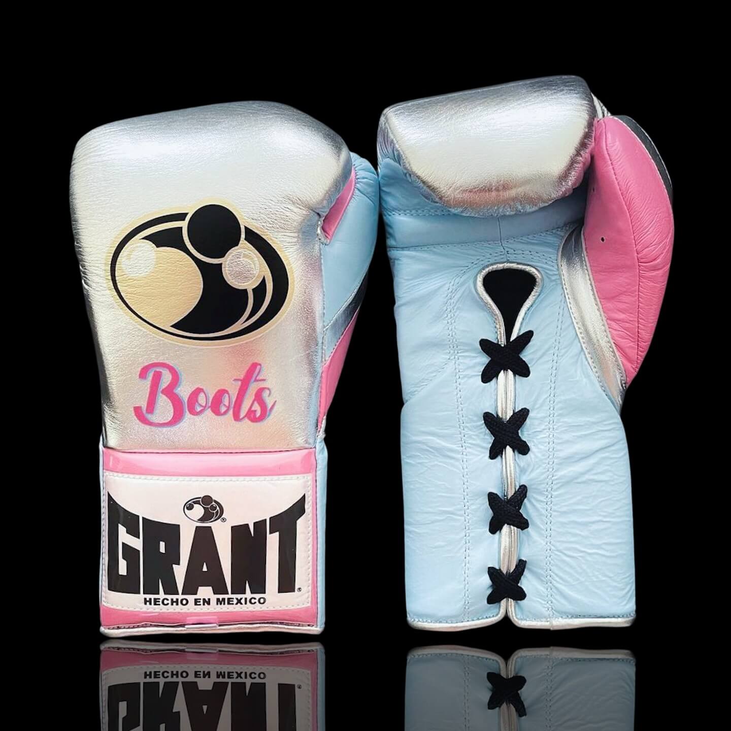 Grant Boxing Gloves in Silver/Blue/Pink colorway - Professional Lace-Up training gloves